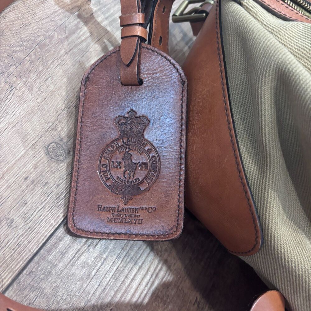Polo Ralph Lauren Duffle Bag Safari XL Tan Cognac Canvas Leather  (23.5x10x10) - Picture 3 of 12